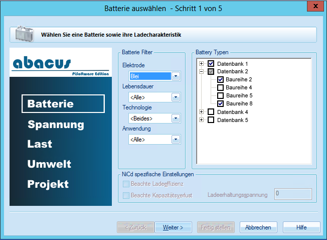 Der Assistent in der Abacus IEEE Batterie-Auslegungssoftware